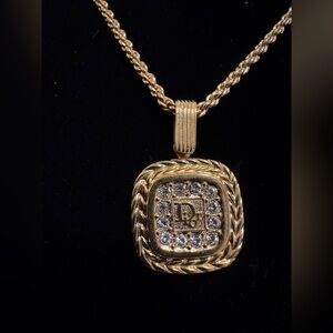Christian Dior Logo Gold Tone “Dior” with Rhinestone Pendant Necklace